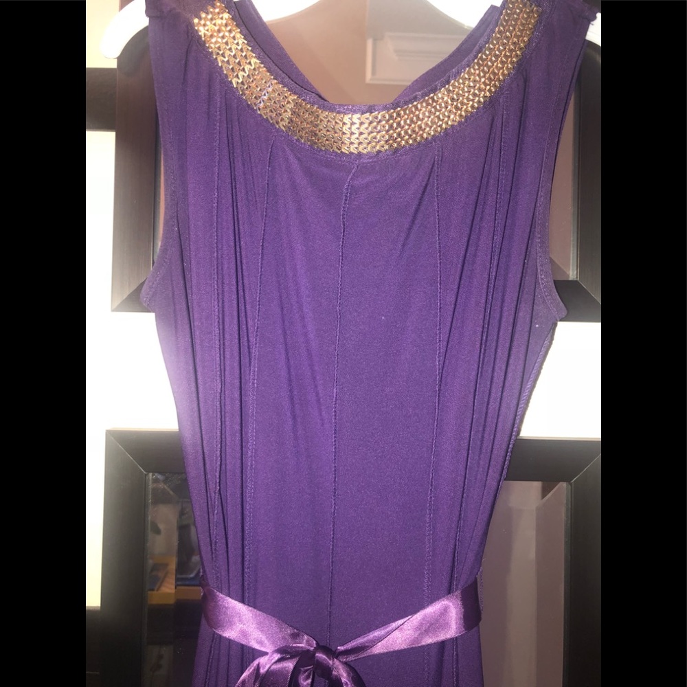 Purple sleeveless dress with gold collar